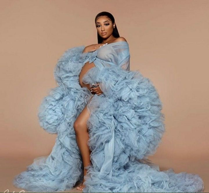 Penelope Dusty Blue Ruffled Tulle Maternity Gown Off the Shoulder