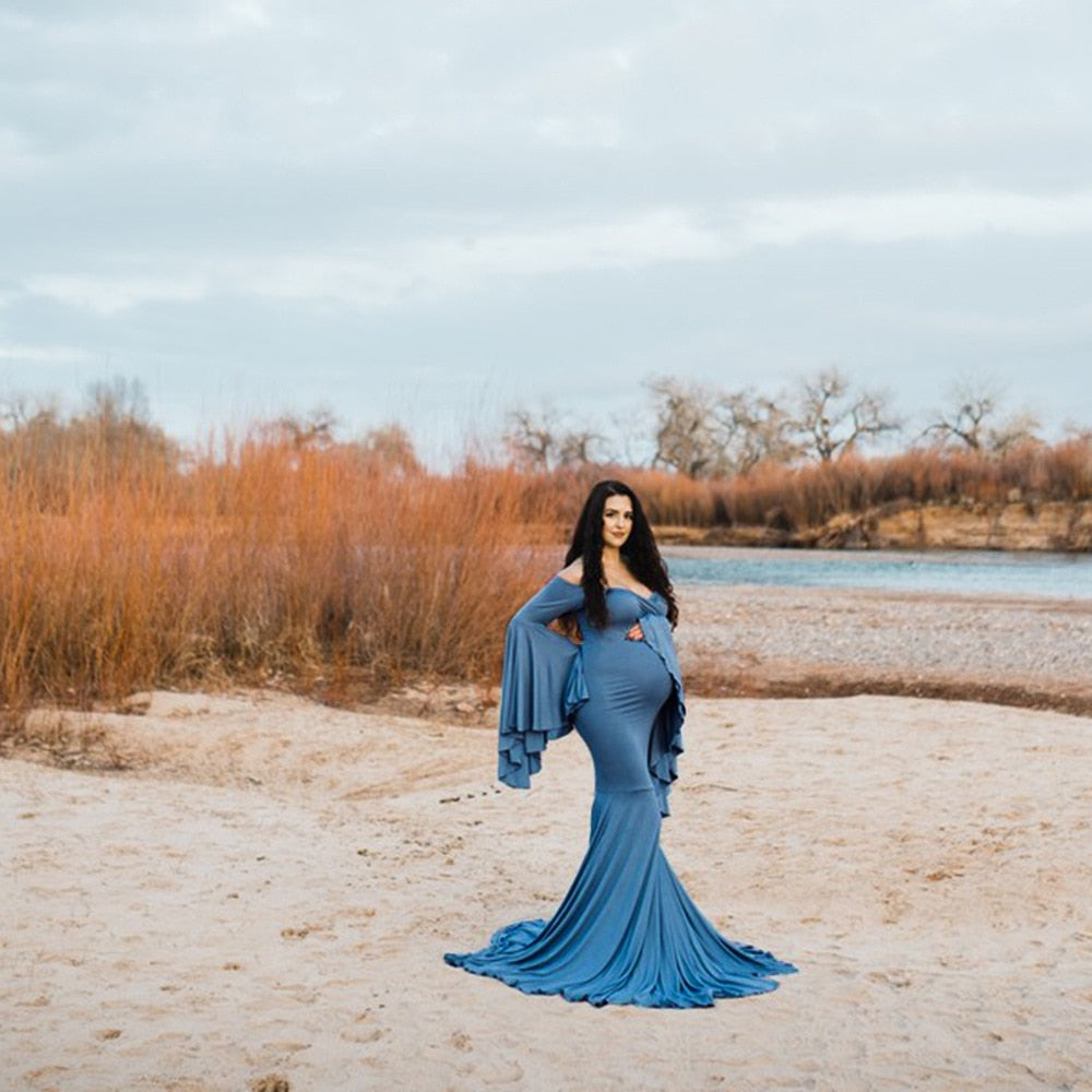 Penelope Dusty Blue Ruffled Tulle Maternity Gown Off the Shoulder