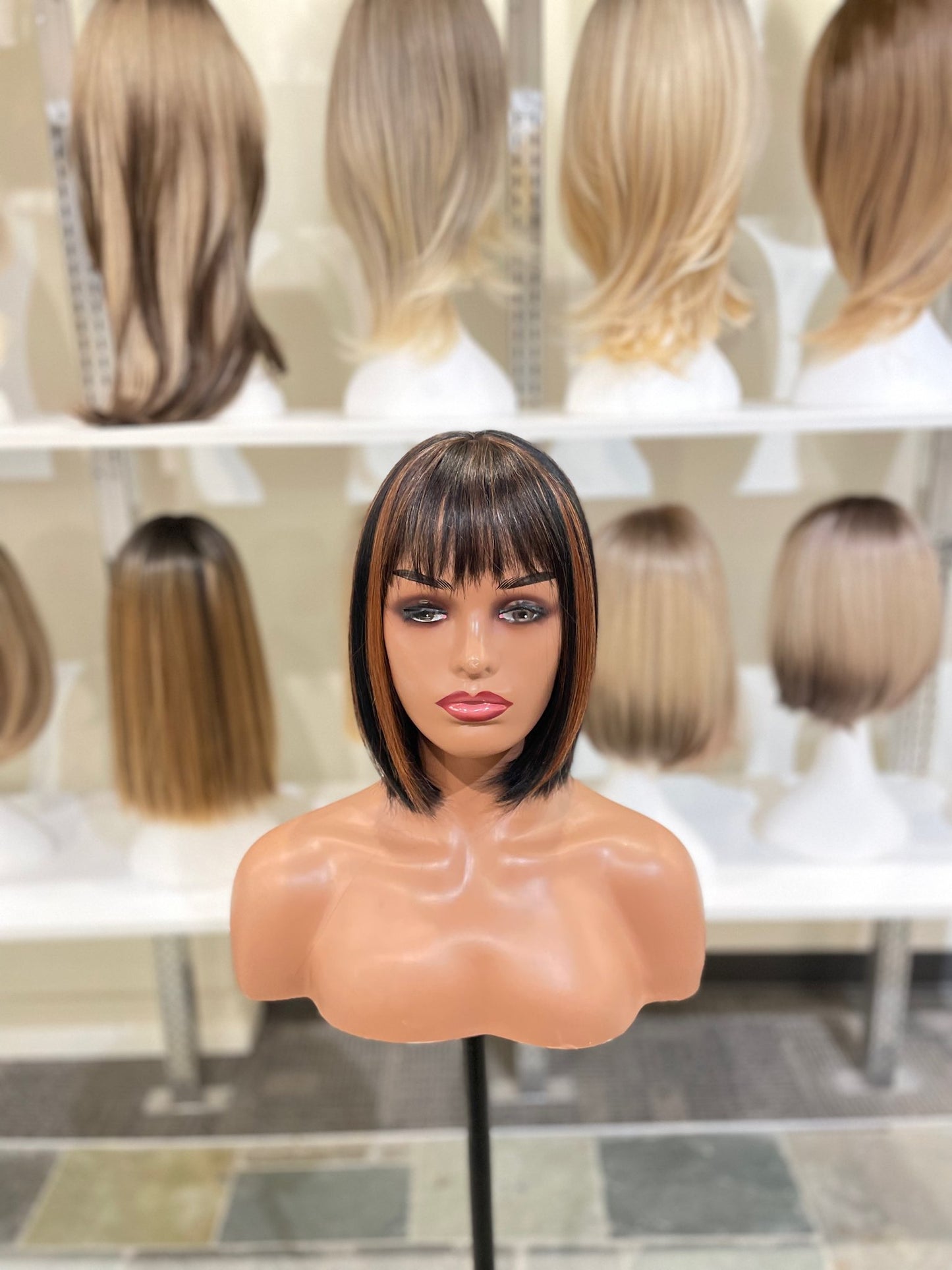 Aisha - Straight Bob Style Black With Brown Highlights Full Head Wig With Bangs