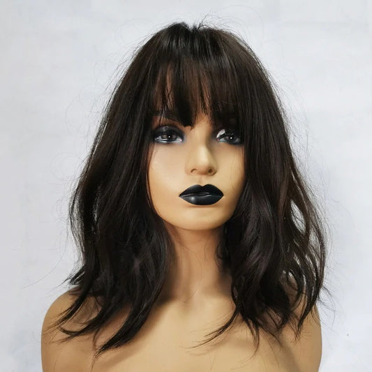 Jade - Natural Wave Dark Brown Full Head Wig With Bangs 16" Long