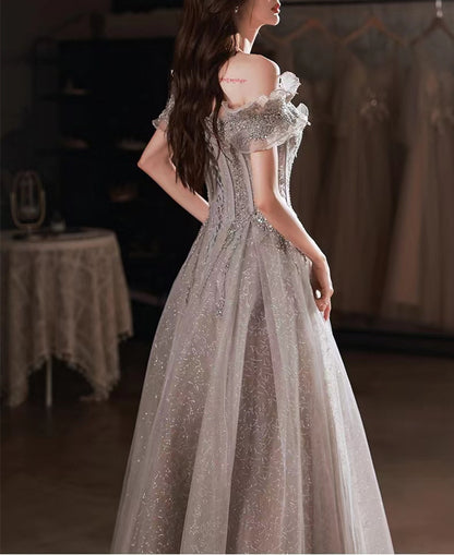 Light Grey Sequin Lace Prom Dress