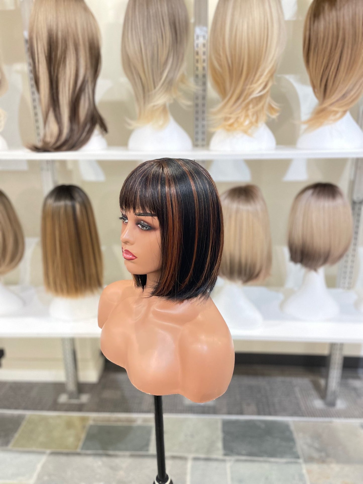 Aisha - Straight Bob Style Black With Brown Highlights Full Head Wig With Bangs