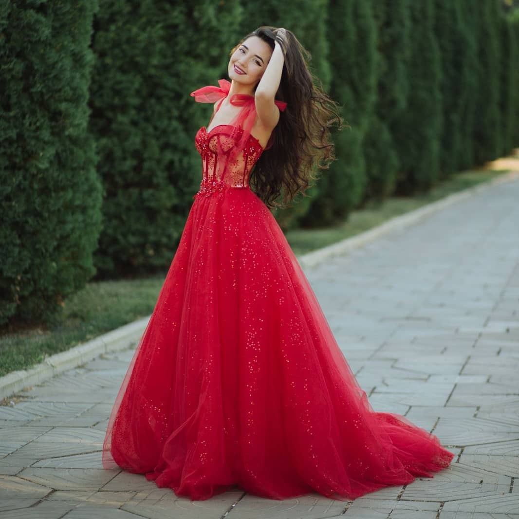 "Rosalinda" Red See Through Sequined Prom Dress