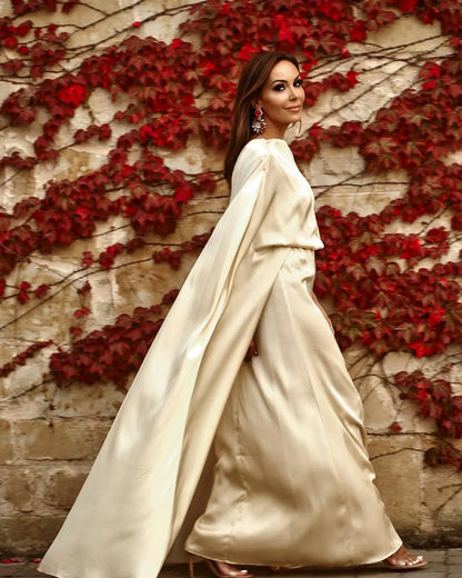 Beige Elegant Maxi Dress With Long Batwing Sleeves