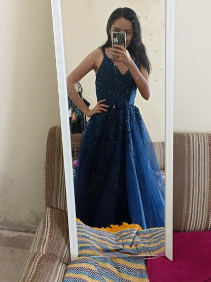 Navy Blue Lace Prom Dress