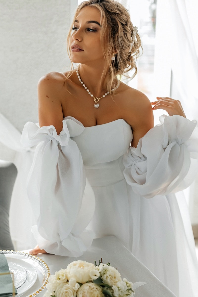 "Divine White" Off-Shoulder White Wedding Dress With Puff Sleeves