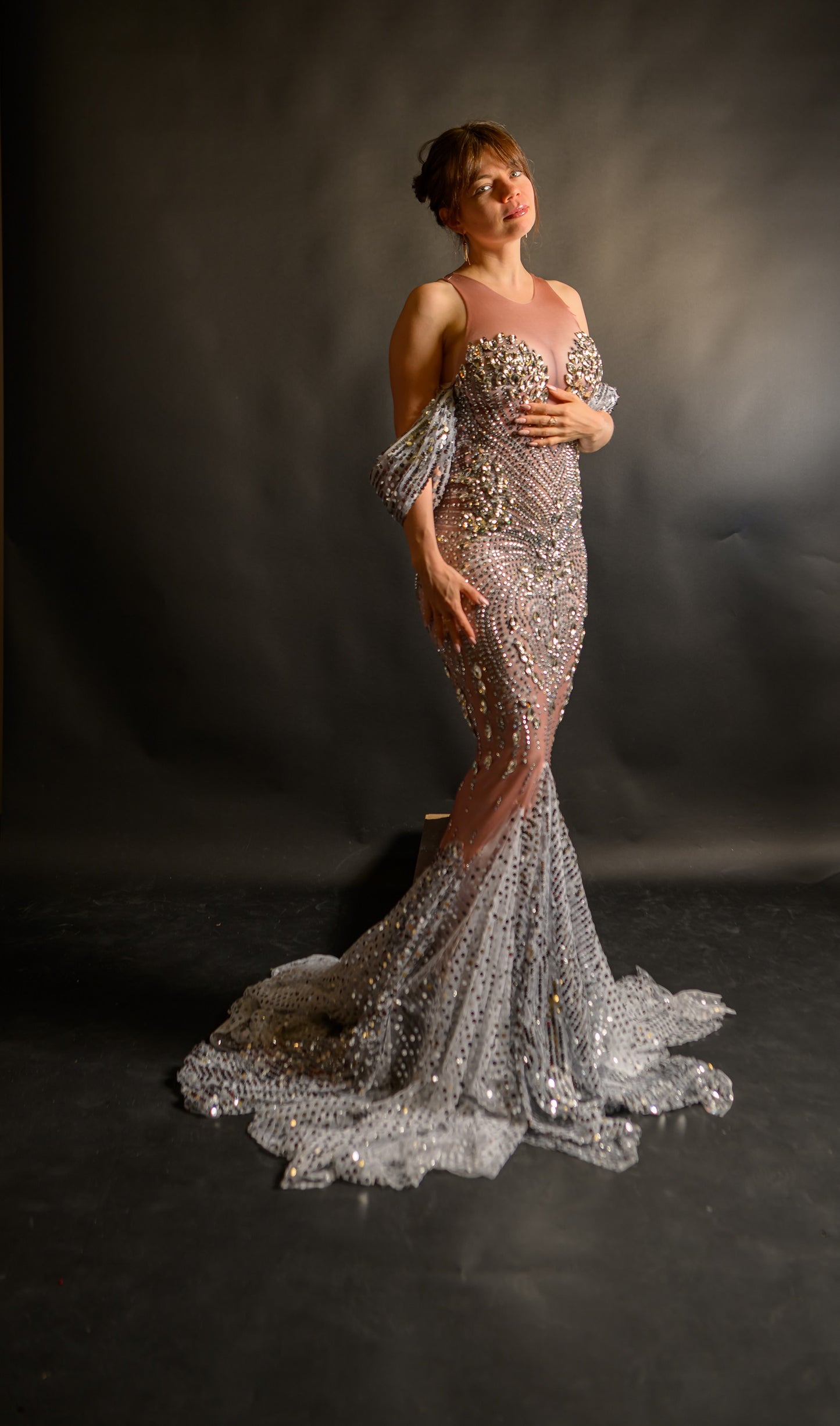 "Mermaid" Shining Silver Sequins Crystals Transparent Long Party Dress