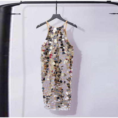 "Mirror Maze" Shiny Metallic Sequin Halter Party Dress