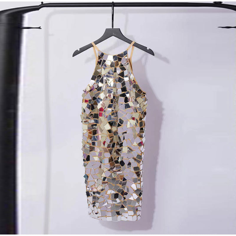Mirror Maze Shiny Metallic Sequin Halter Party Dress