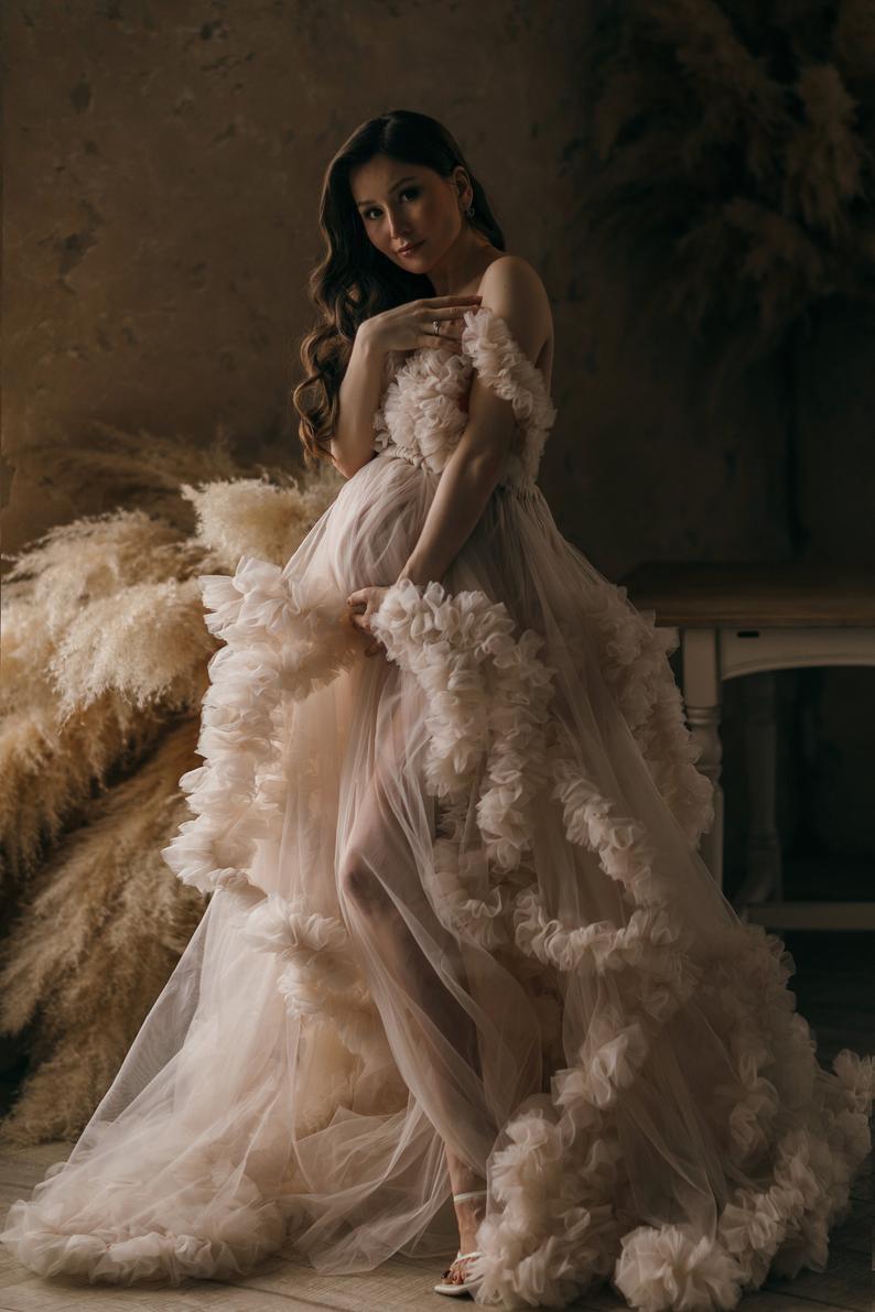 "Athena" Luxury Bridal Tulle Robes With Hat Ruffled Long Summer Dress