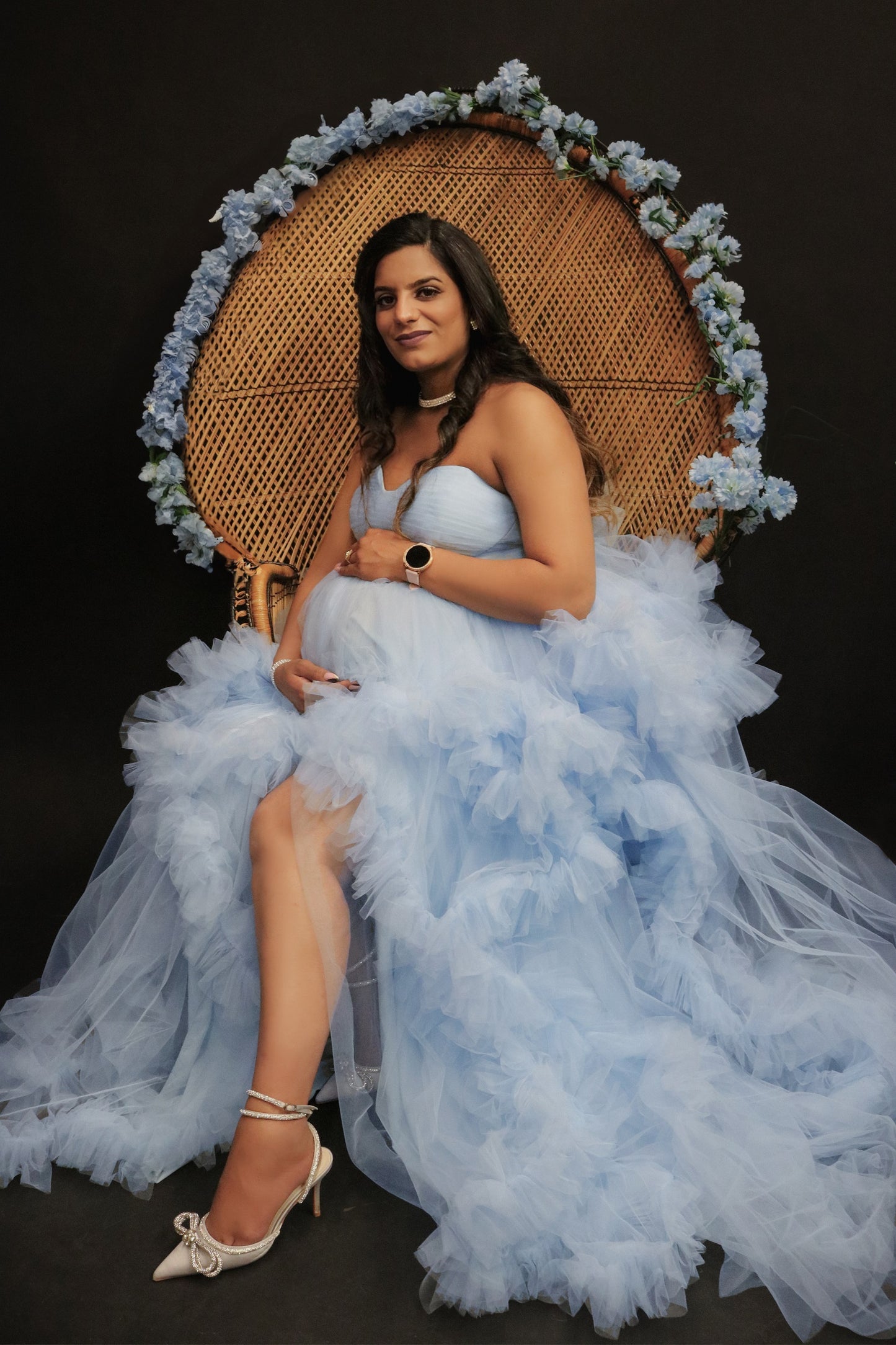 "Penelope" Dusty Blue Ruffled Tulle Maternity Gown Off the Shoulder