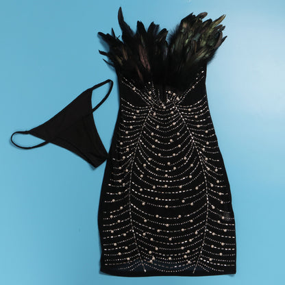 Black Midi Dress With Rhinestones & Feathers