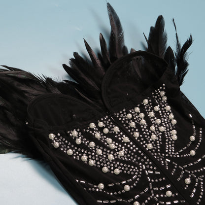 Black Midi Dress With Rhinestones & Feathers