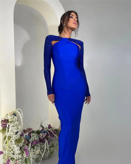 Royal Blue Hollow Out Sparkle Long Sleeve Maxi Dress
