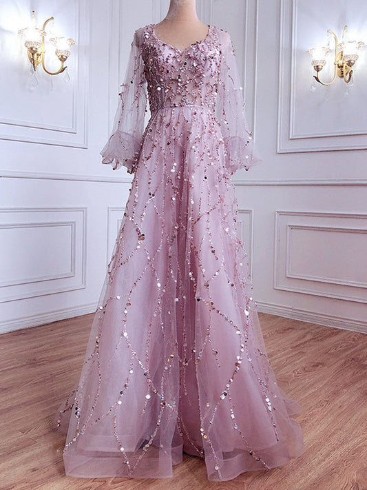 Vintage Elegant Light Pink Prom Dress With Puff Sleeves