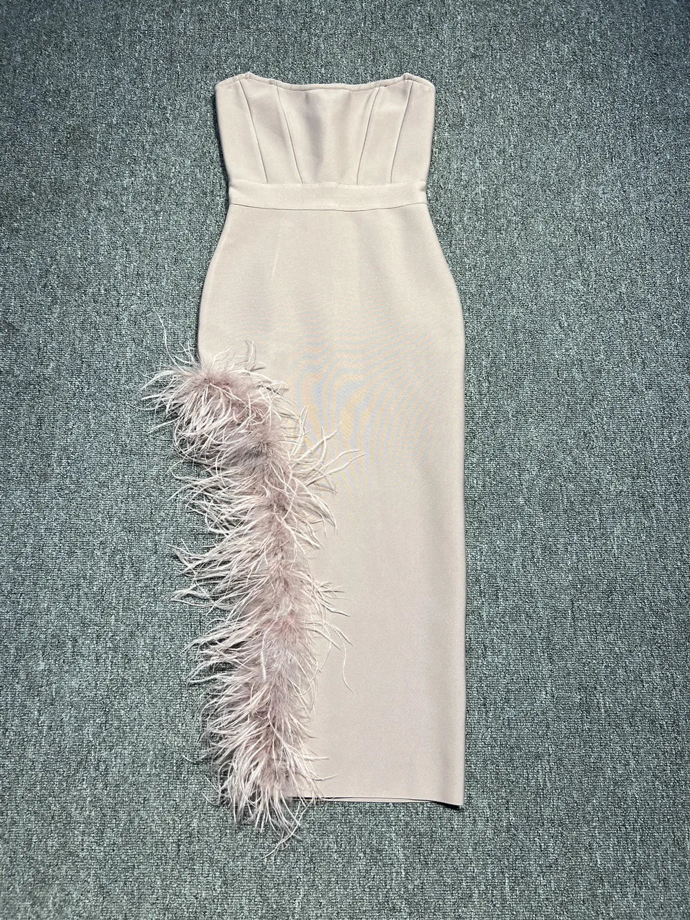 Beige Party Strapless Dress With Feathers