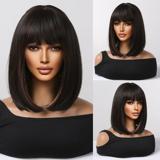 Aisha - Straight Bob Style Brown With Light Brown Highlights Full Head Wig With Bangs