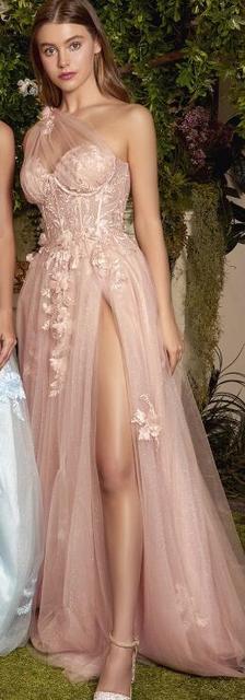 Light Pink Sheer Boning Bodice One Shoulder Prom Dress