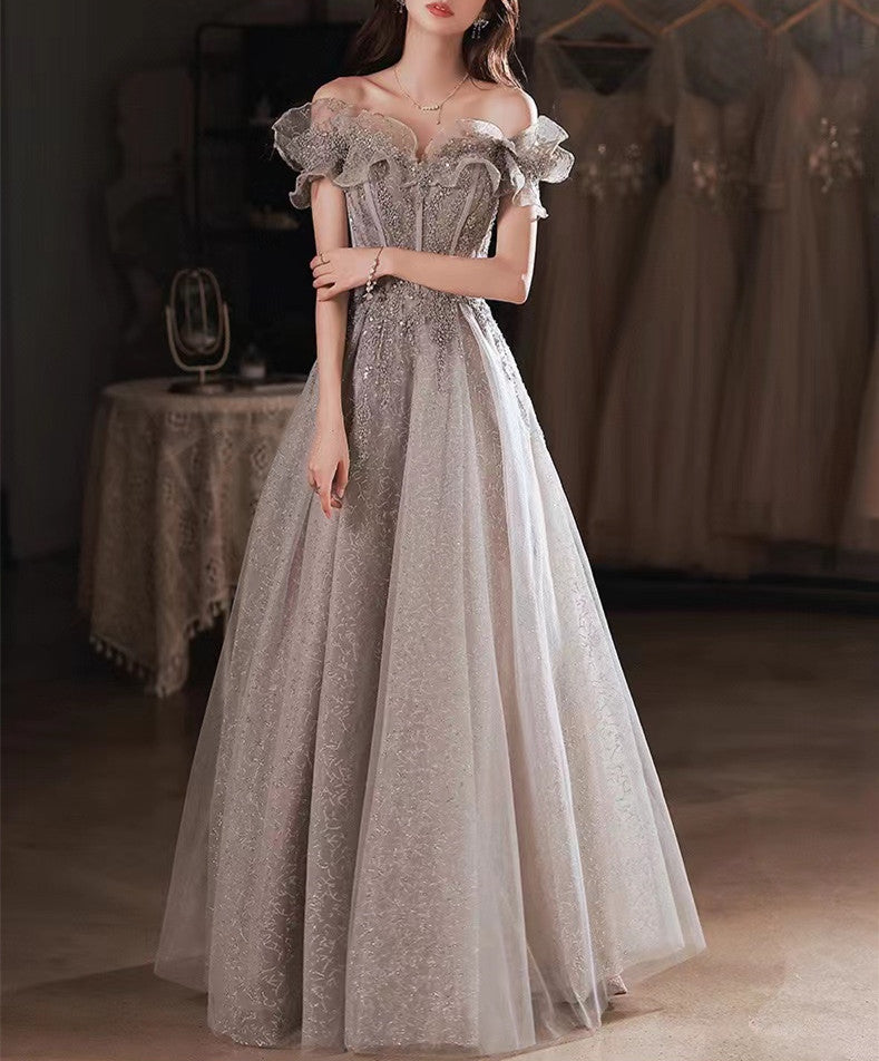 Light Grey Sequin Lace Prom Dress