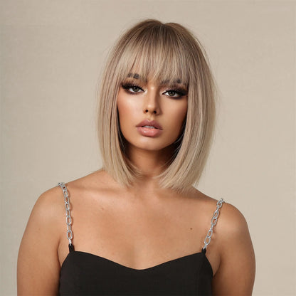 Aisha - Straight Bob Style Dusty Blonde Full Head Wig With Bangs