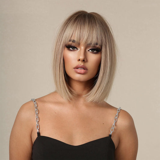 Aisha - Straight Bob Style Dusty Blonde Full Head Wig With Bangs