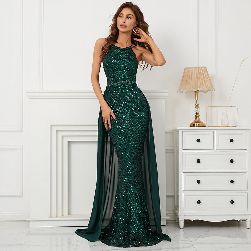Dark Green Sequins Evening Party Dress With Detachable Train