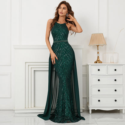 "Peacock Vibes " Dark Green Sequins Evening Party Dress With Detachable Train