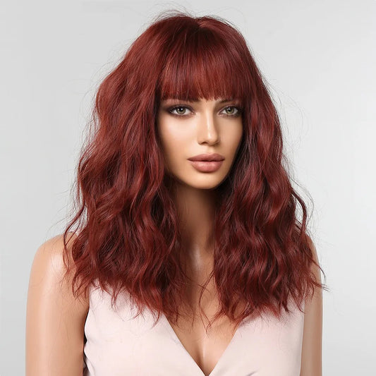 Meagan - Wavy Bob Style Wine Red Full Head Wig With Bangs