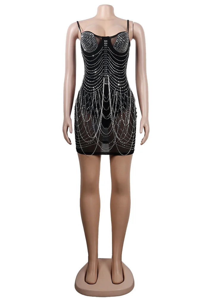 Sparkle Black Mini Dress With Rhinestones & Fringe
