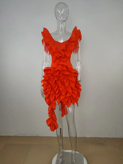 Orange Tierred Asymmetrical Party Dress