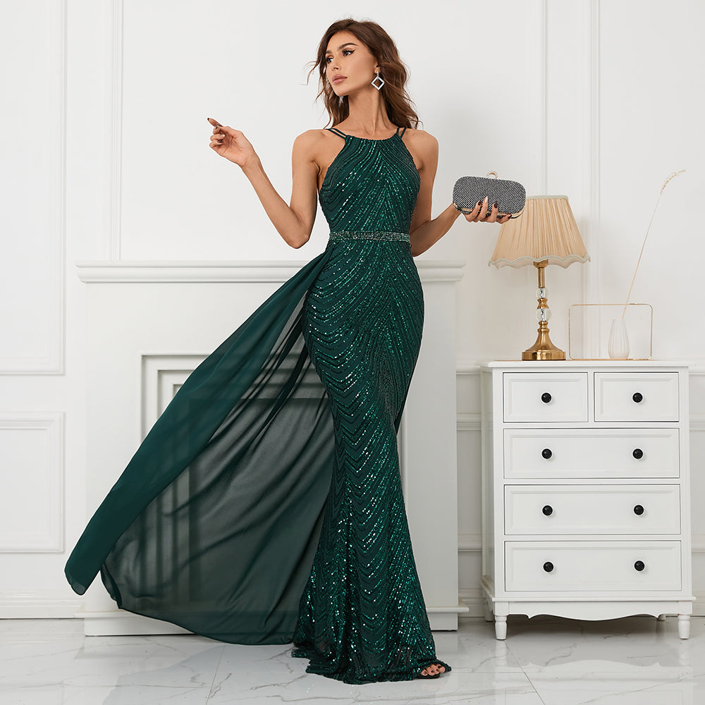 Dark Green Sequins Evening Party Dress With Detachable Train