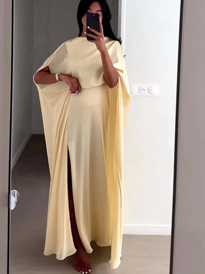 Beige Elegant Maxi Dress With Long Batwing Sleeves