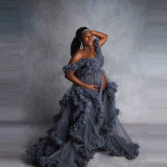 Penelope Dusty Blue Ruffled Tulle Maternity Gown Off the Shoulder
