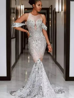 "Mermaid" Shining Silver Sequins Crystals Transparent Long Party Dress