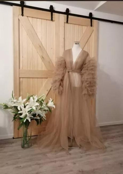 "Ariana" See-through Champagne Tulle Maternity Long Sleeves Robe Dress
