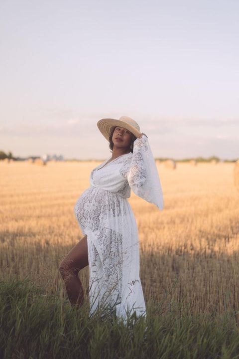 "Alexandra" White Lace Long Bell Sleeves Maternity Dress
