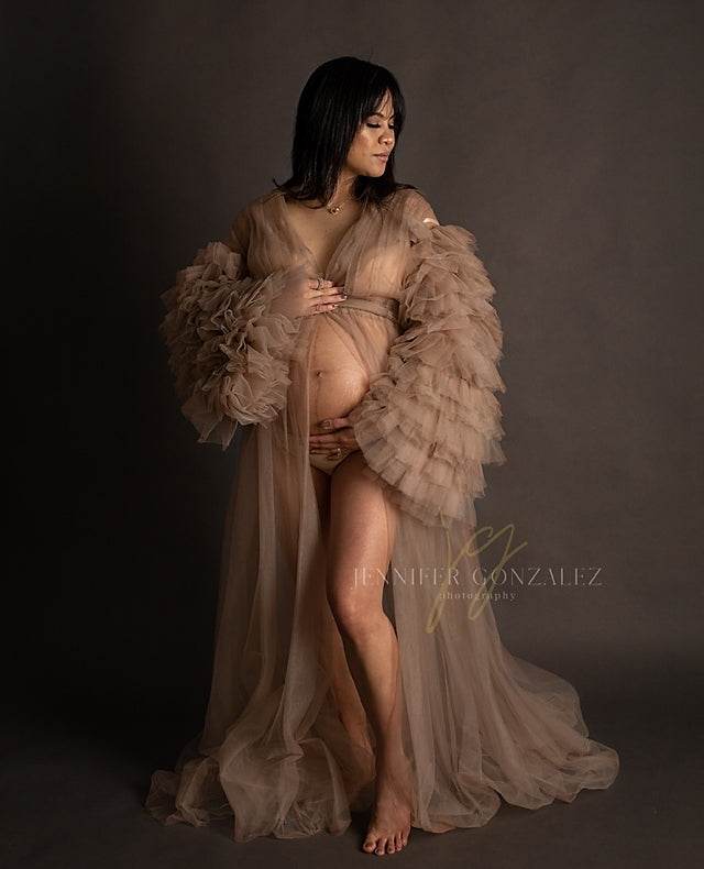 "Ariana" See-through Champagne Tulle Maternity Long Sleeves Robe Dress