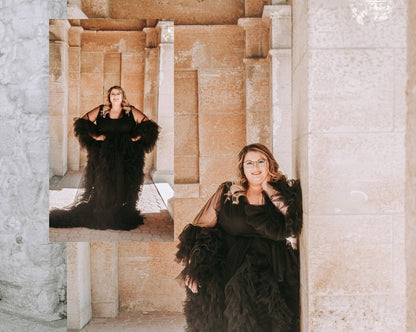 "Cleopatra" See-through Black Tulle Maternity Long Sleeves Robe Dress