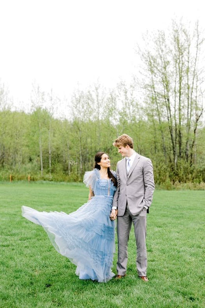 "Celestine" Blue Prom Dress with Sweetheart Neckline Off-Shoulder Sleeves
