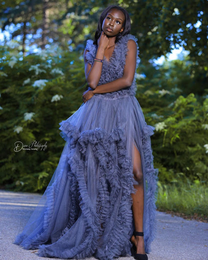 "Stormy" Photoshoot Tulle Maternity Grey Dress with Front Split