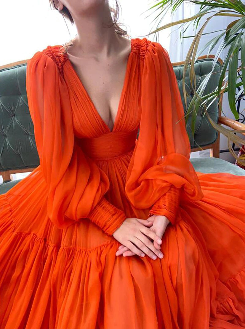 "Autumn" Orange Chiffon Long Puff Sleeves Dress