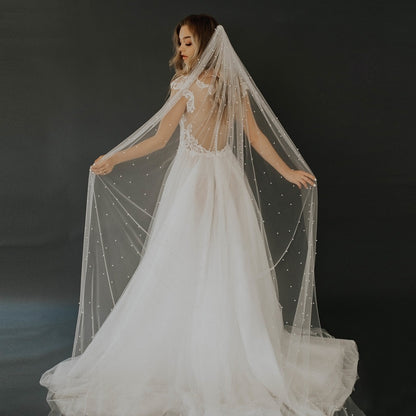 "Grace" White Wedding Veil With Comb And Pearls 16 ft Long