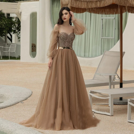 “Coco” Cream Beige Prom Dress With Puffy Detachable Sleeves And Sash