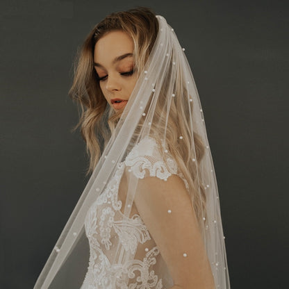 "Grace" White Wedding Veil With Comb And Pearls 16 ft Long