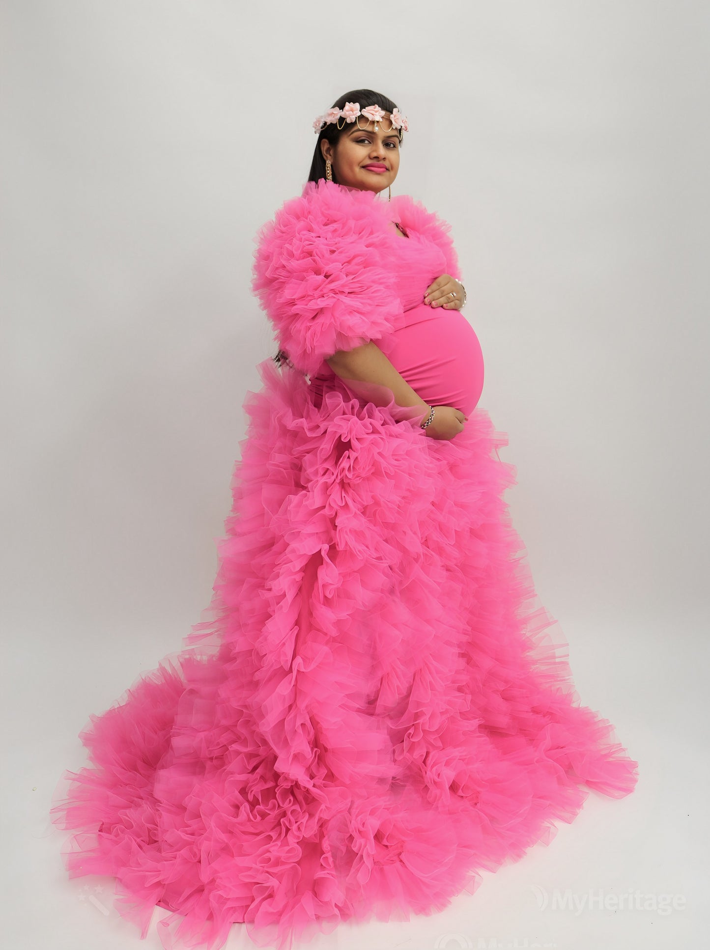 "Pink Panther" Fuchsia Puffy Sleeves Mermaid Maternity Dress