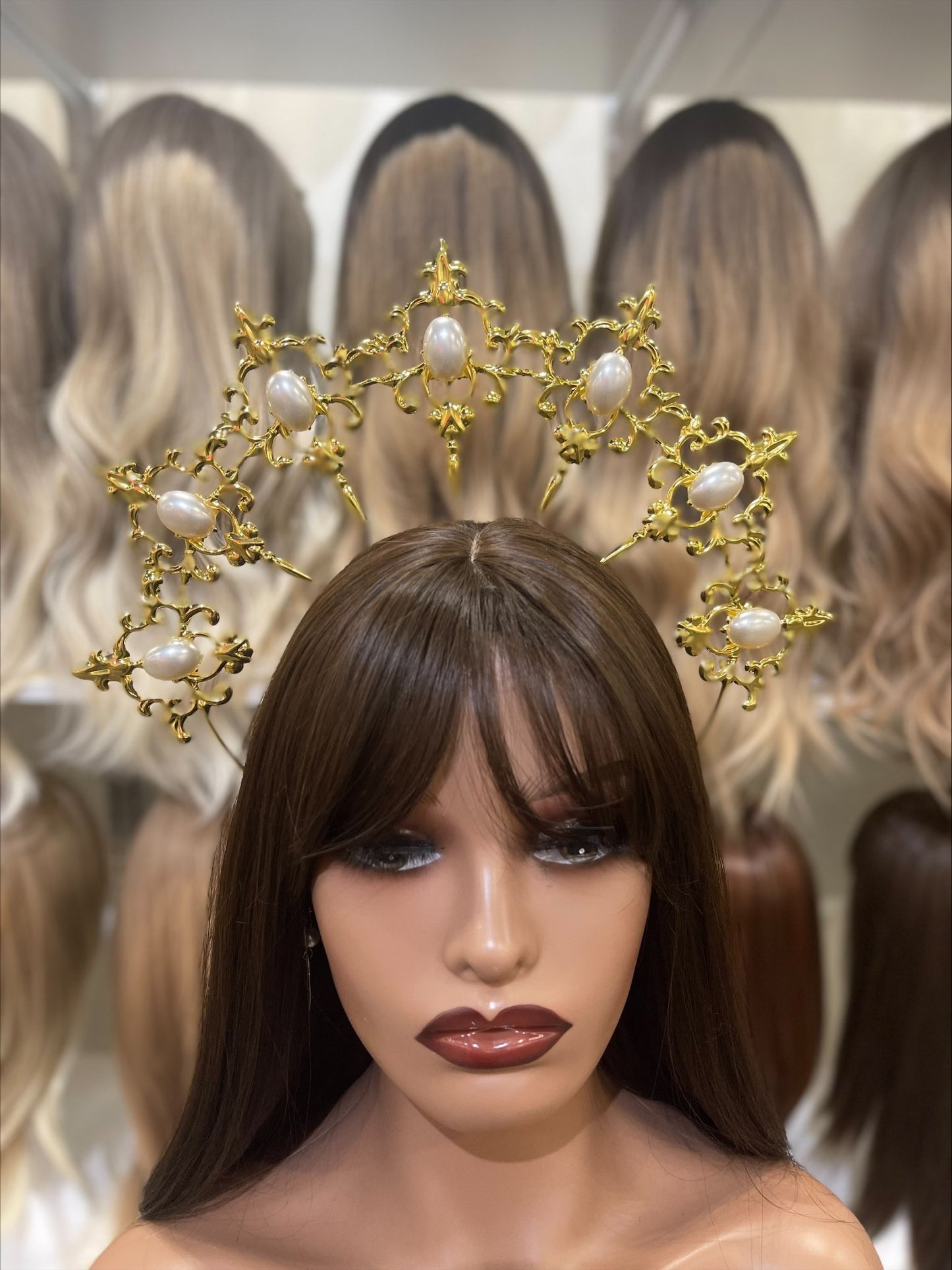 Golden Goddess Hair Crown With White Pearls