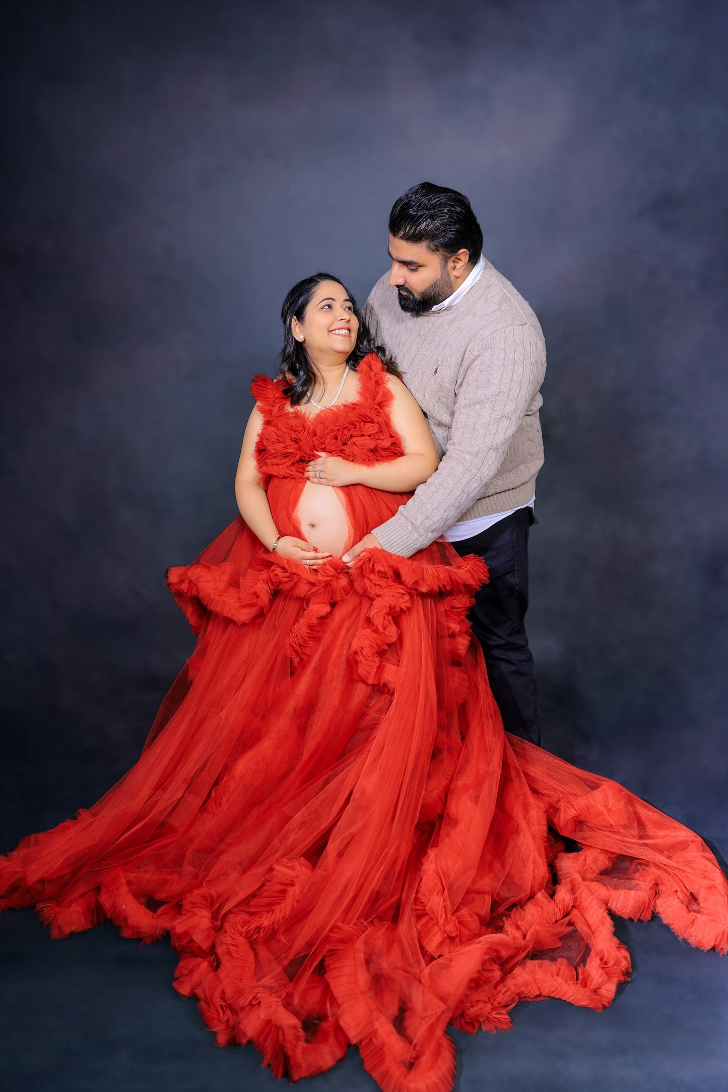 "Selena" Dark Red Luxury Tulle Robe Ruffled Long Maternity Dress