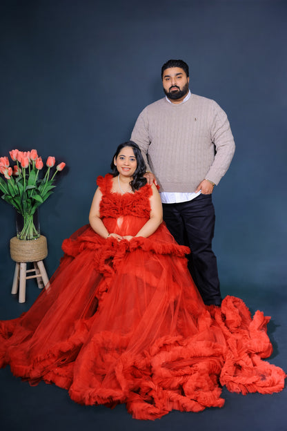 "Selena" Dark Red Luxury Tulle Robe Ruffled Long Maternity Dress