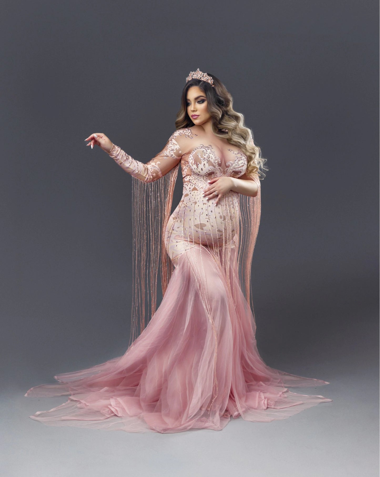 "Pink Mermaid" Pink Long Dress With Tassels & Sparkly Rhinestones
