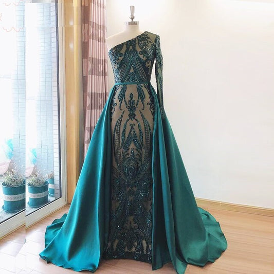"Anne of Green Gables" Elegant One Shoulder Green Evening Dress Plus Size